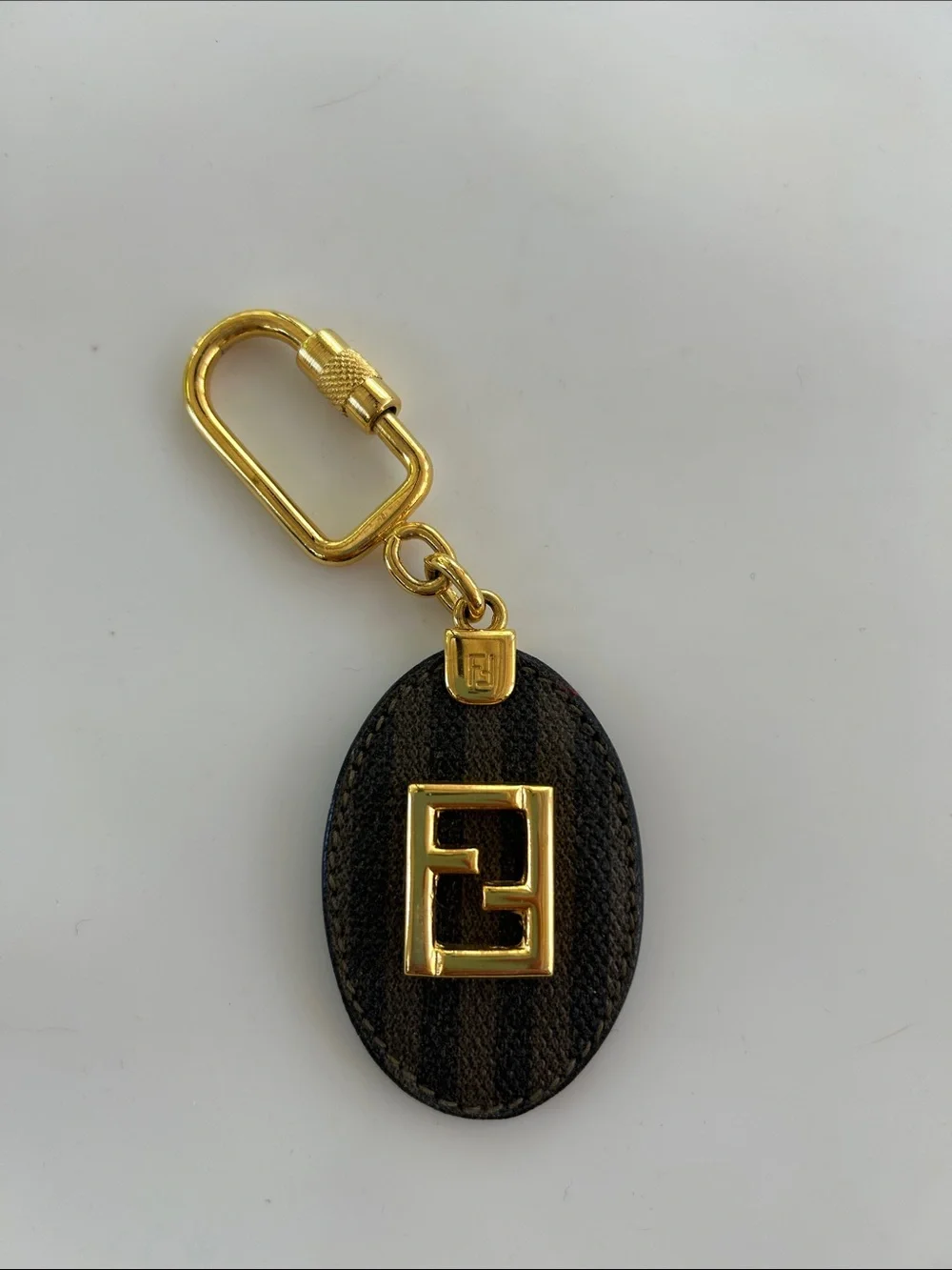 Authentic FENDI Vintage Zucca Monogram Oval Keychain / Bag Charm - Gold Hardware